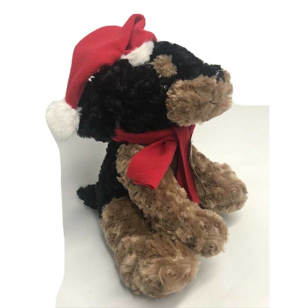 Dan Dee Plush Christmas Brown Dog Puppy sits 12" Red White Santa Hat & Scarf